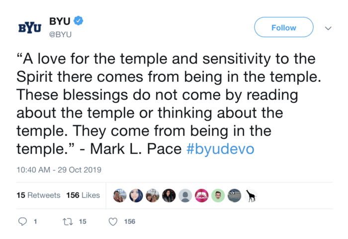 A devotional tweet from Brigham Young University