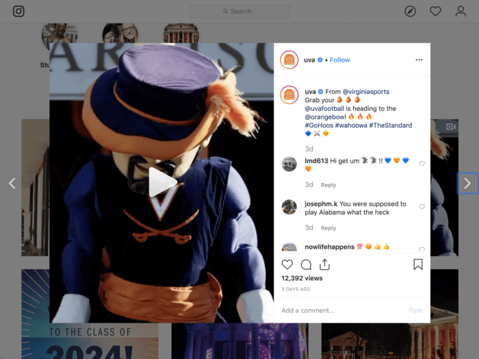 Instagram post from UVA featuring their mascot heading to the Orange Bowl