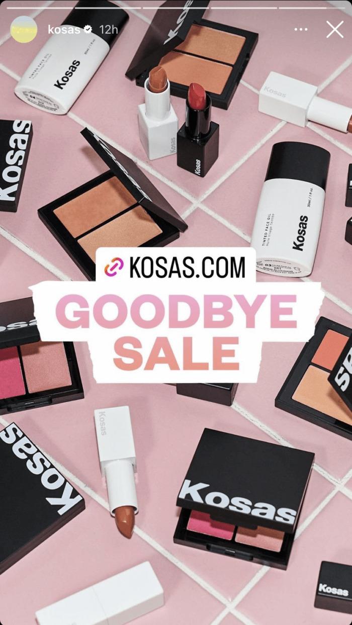 An Instagram Story frame from beauty brand Kosas. The frame features an image of various products strewn on a tiled pink surface with overlay text that says "goodbye sale" in all caps. There's also a link sticker that links directly to the sale's landing page.