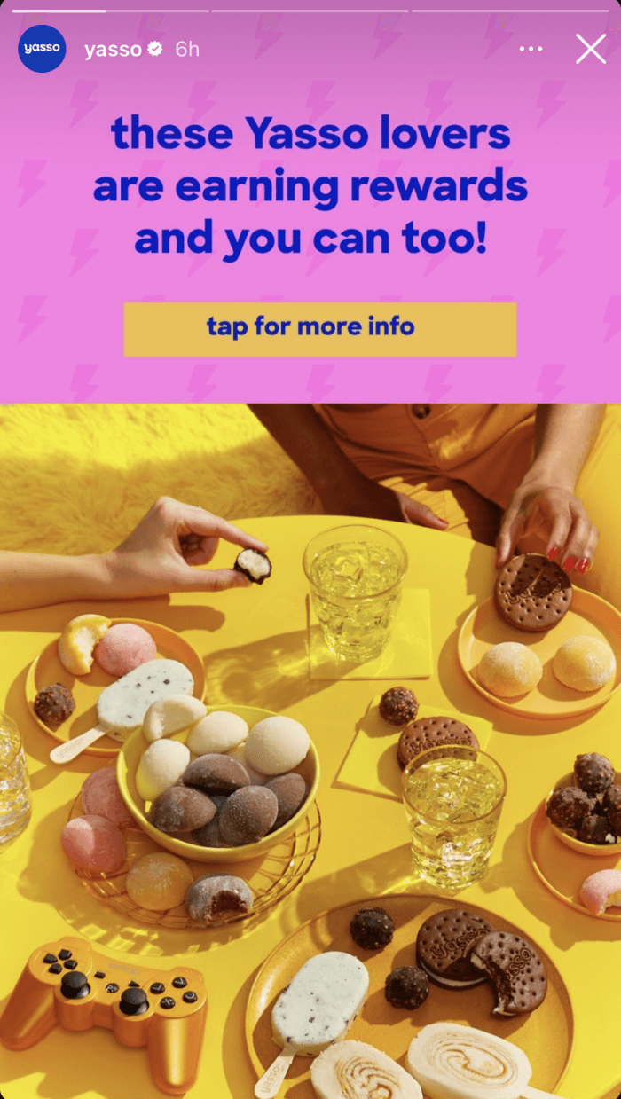 An Instagram story frame from ice cream brand Yasso that encourages viewers to tap for more info about earning rewards. Encouraging taps is a top Instagram Stories best practice in 2023.