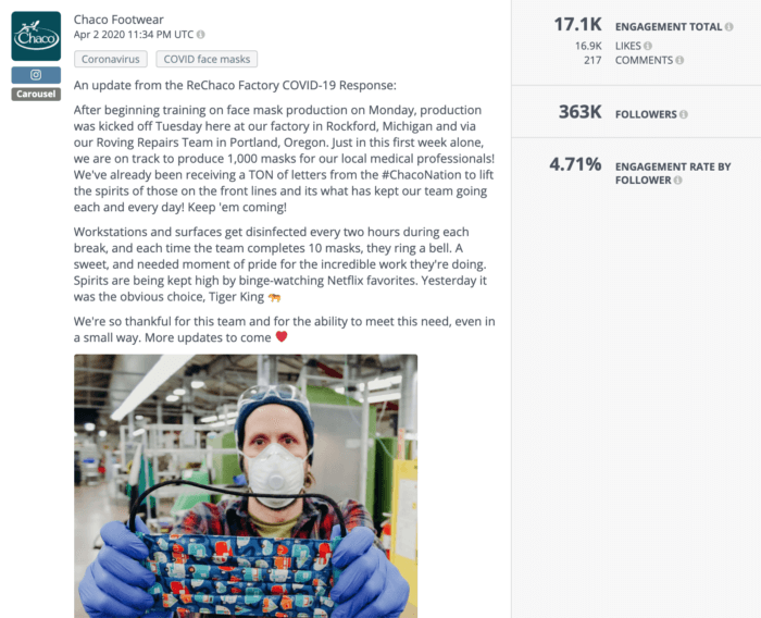 Instagram post from Chaco featuring their pivot to mask-making during coronavirus is an example of great outdoor brands on social media