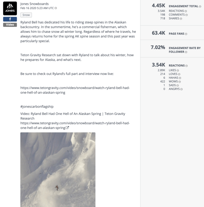 Facebook post from Jones Snowboards featuring a snowboarder riding down a steep slope