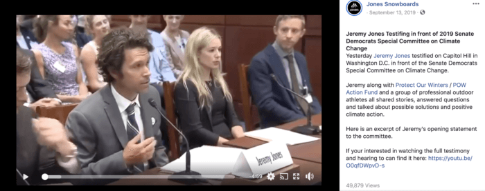 Facebook video still of Jones Snowboards founder Jeremy Jones testifying in front of Congress