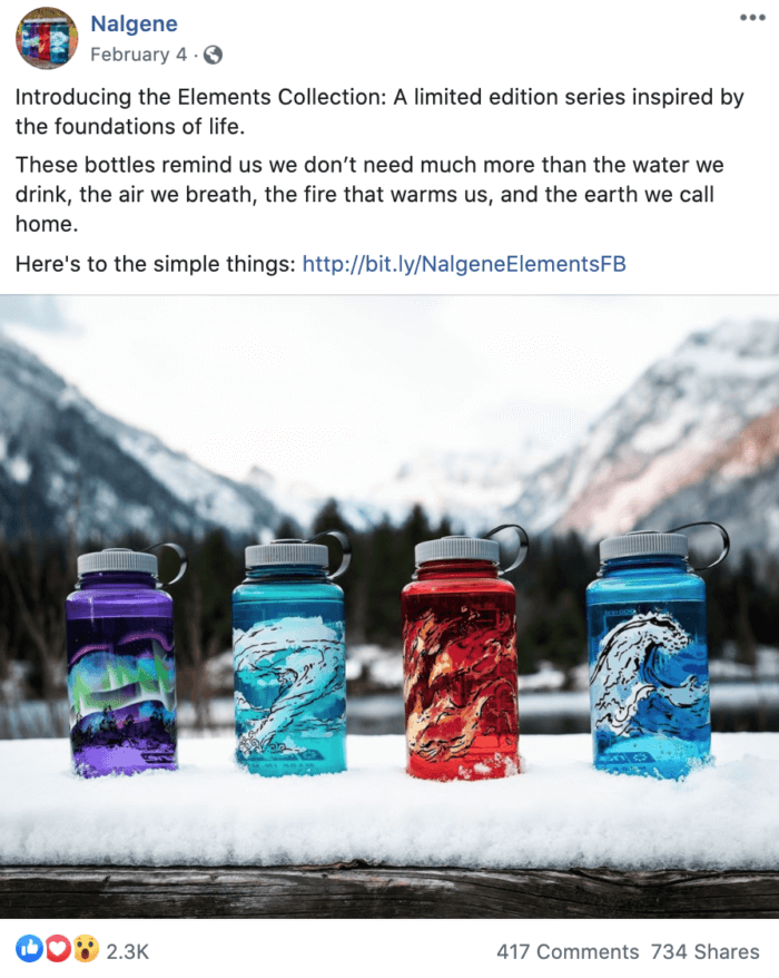 This Facebook post from Nalgene featuring four colorful Nalgene bottles nestled in snow is a great example of high-performing outdoor brands on social media