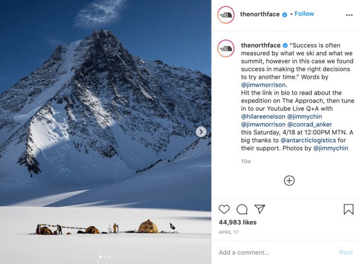 Instagram post from The North Face featuring tents in the foreground and a snow-covered mountain in the background