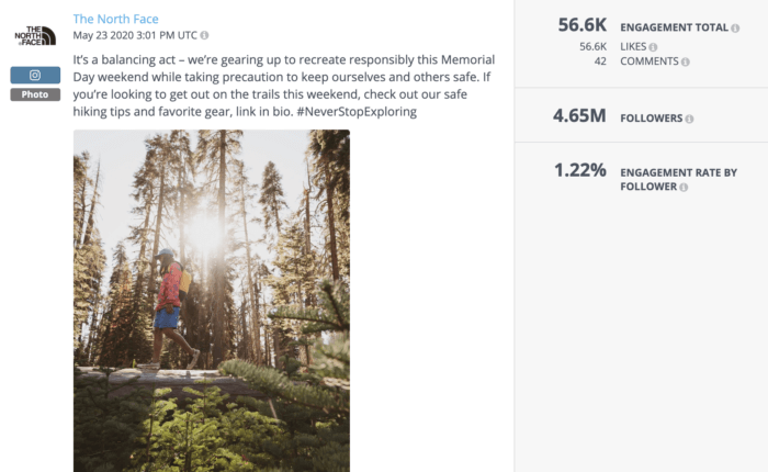 Instagram post from The North Face featuring a man walking over a log in nature