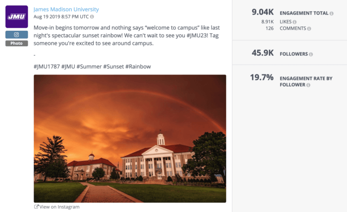 One of the top-performing higher education social media posts of the year was this orange rainbow over James Madison University's campus
