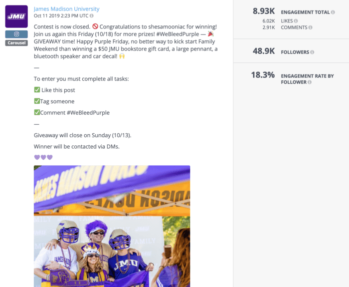Contest post from JMU featuring a JMU family decked out in purple swag. Contests were a popular choice for higher education social media this year.