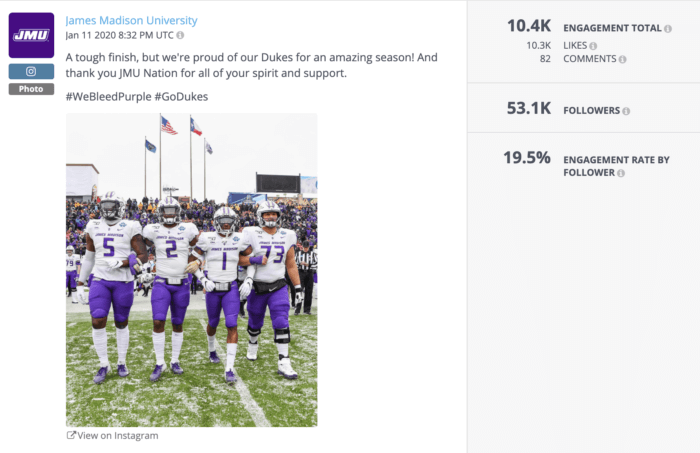 Four football players from JMU on the football field.