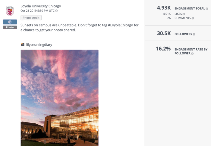 A beautiful sunset shot from Loyola University Chicago featuring their campus was a great example of higher education social media