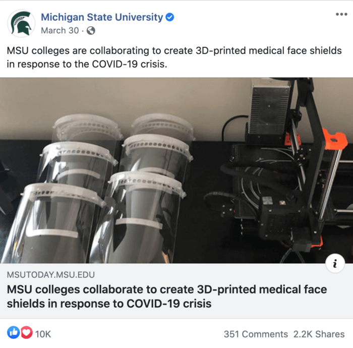 MSU social post featuring its efforts to fight coronavirus by 3D printing face shields on campus.