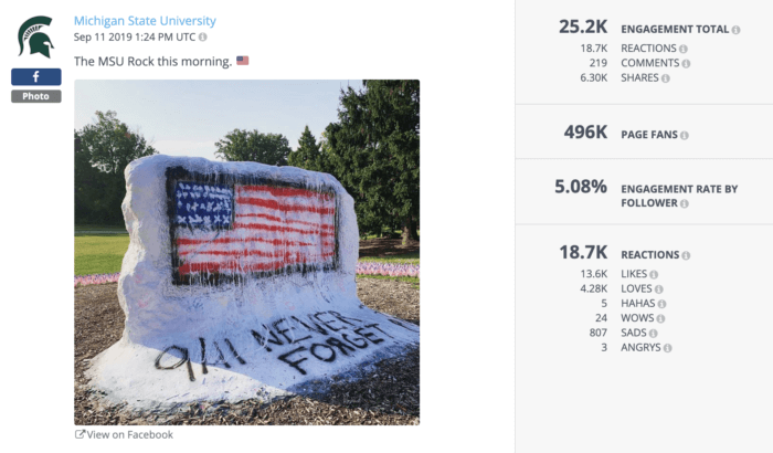 MSU campus monument decorated for 9/11 with an American flag.