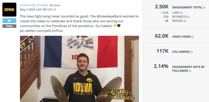 University of Iowa Twitter post with the U of I fight song is some of the best higher education social media of the year