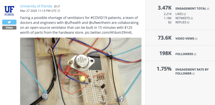 Tweet from UF about students and professors stepping up to build ventilators to help fight COVID