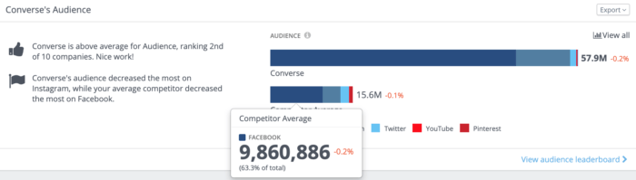 Converse's audience overview containing automated insights and a visualization of their audience against their much smaller competitor average 