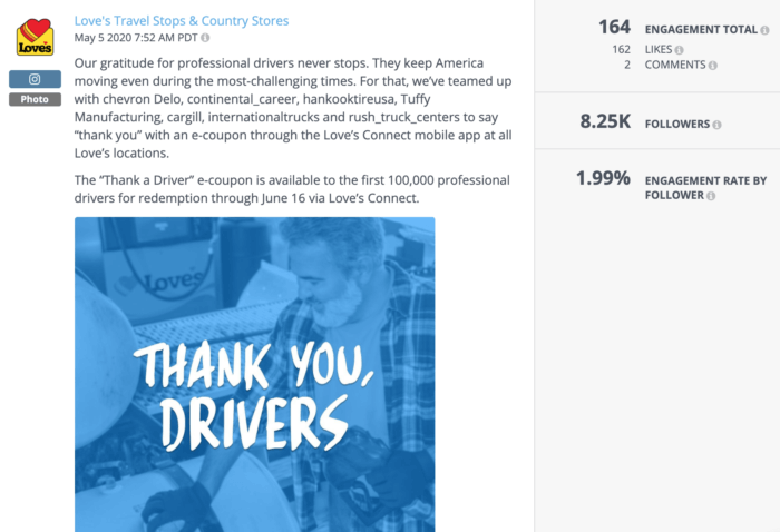 Post from Love's with a special offer for drivers during COVID-19