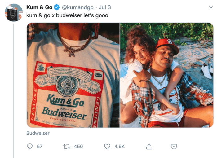 Kum and Go and Budweiser tweet featuring young people wearing merch on a beach