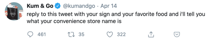 Tweet from Kum and Go encouraging followers to respond with their sign and favorite food