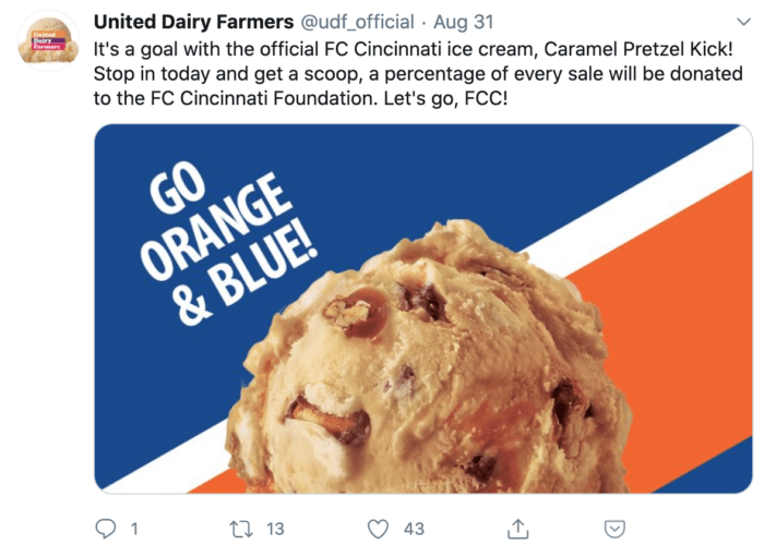 Tweet from United Dairy Farmers about their partnership with the GC Cincinnati Foundation