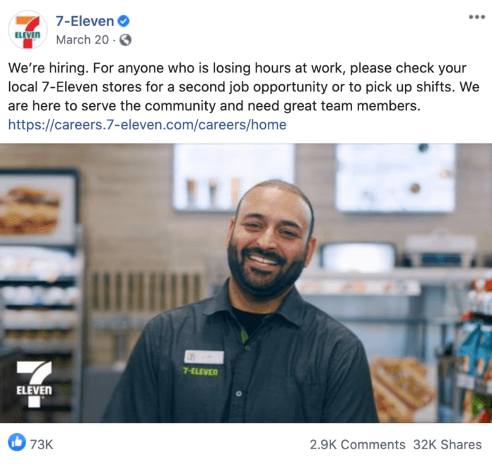 Facebook post from 7-Eleven advertising job openings during COVID-19 to its community members