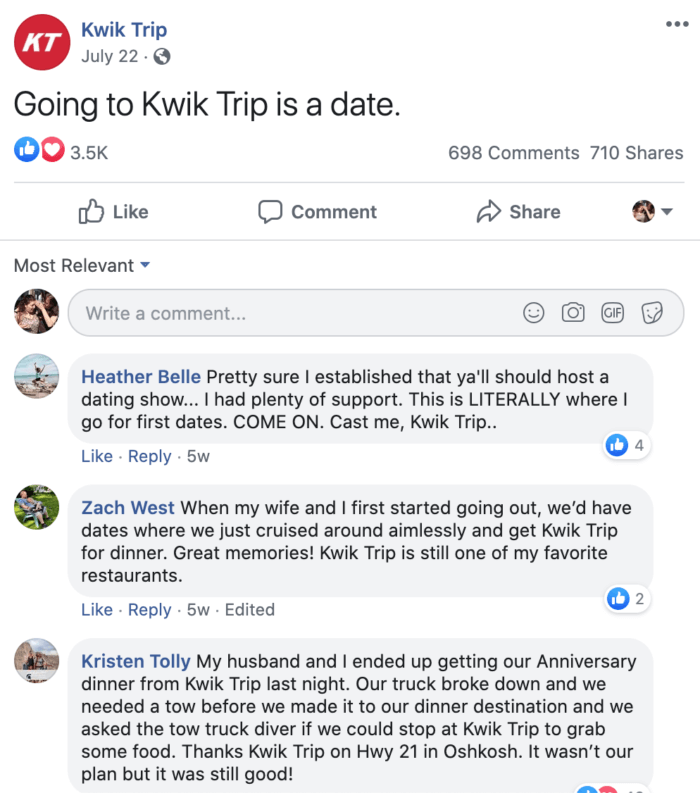 Facebook post from Kwik Trip encouraging followers to post about dates at Kwik Trip