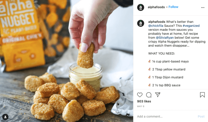 High-performing health food social media post from Alpha Foods featuring chicken nuggets and dipping sauce