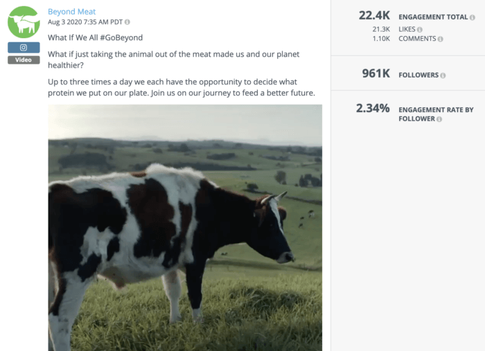 Instagram post from Beyond Meat featuring a cow grazing and an environmentally-focused message