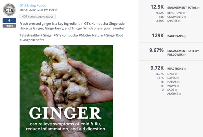 Instagram post from GT's Living Foods featuring a big ginger root and a message about ginger's health benefits