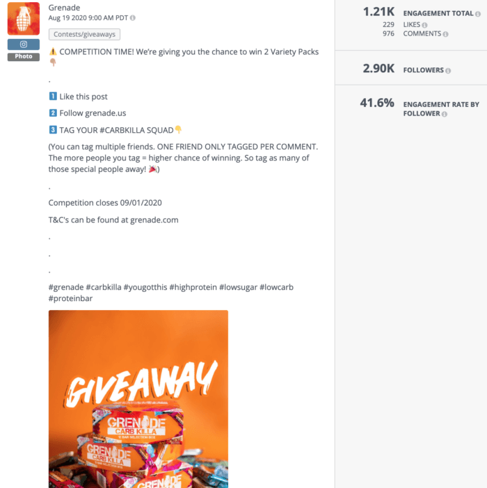 Instagram giveaway post featuring protein bars against an orange background was a top-performing health food social media post this year