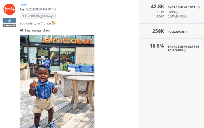 Instagram post from Jeni's featuring a little boy eating ice cream in a birthday hat