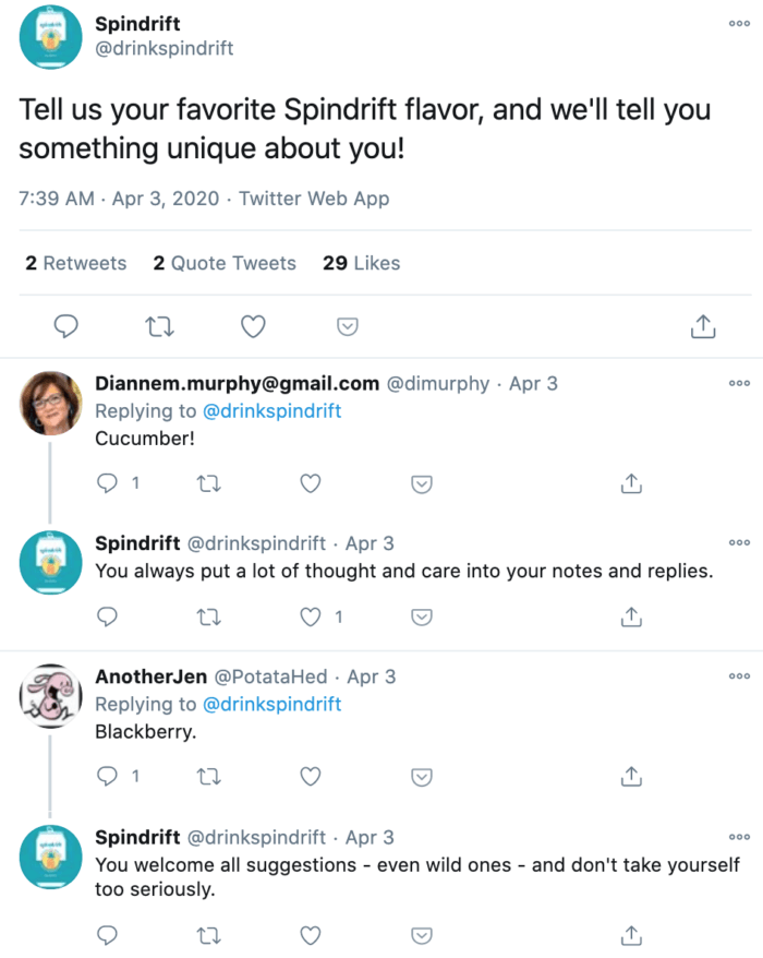 Tweet from Spindrift asking followers to post their favorite flavor in exchange for a unique comment