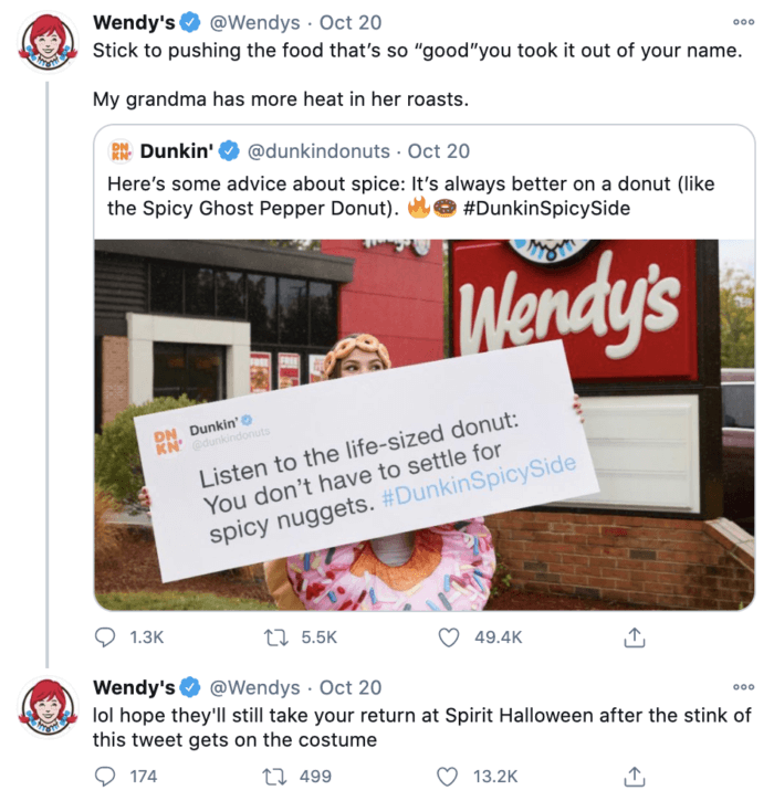 Wendy's social media strategy often features roasts like this tweet making fun of Dunkin' Donuts