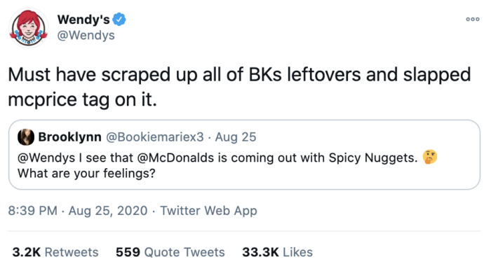 Wendy's social media strategy frequently roasts other fast food accounts, like Burger King and McDonalds