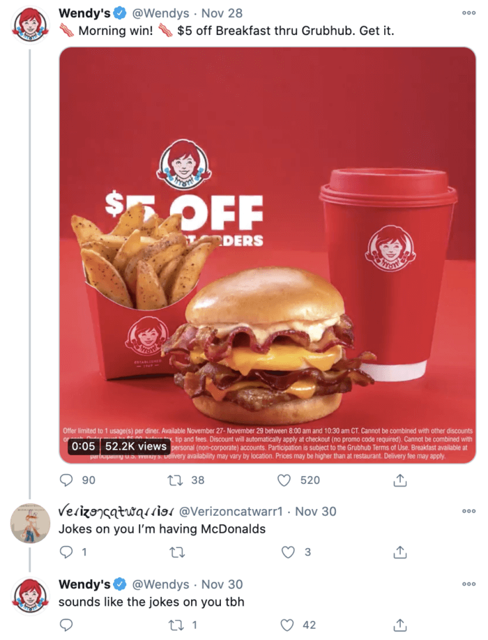 Twitter roast from Wendy's social media roasting McDonalds