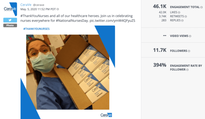 Photo tweet from CeraVe featuring a nurse with a box of CeraVe products was really successful beauty social media this year