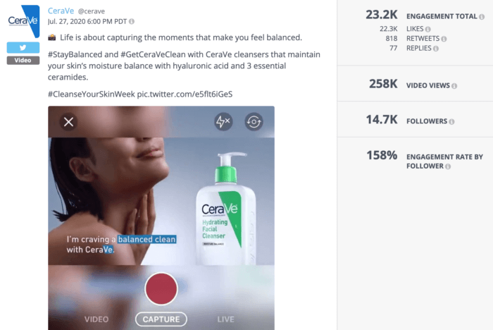 Video tweet from CeraVe featuring a woman and the brand's hydrating facial cleanser