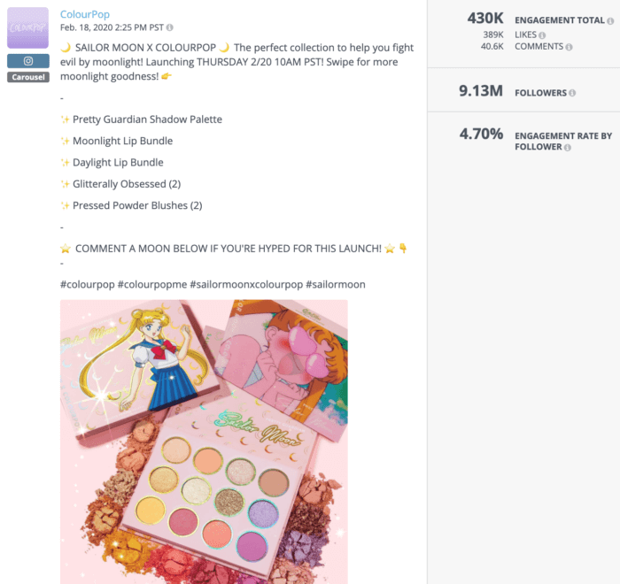 ColourPop Instagram post featuring the brand's Sailor Moon collab is an example of great beauty social media