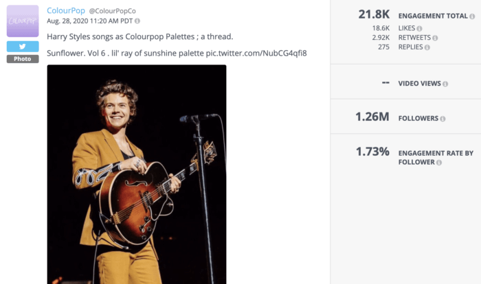 This tweet from ColourPop featuring products resembling Harry Styles is an example of great beauty social media