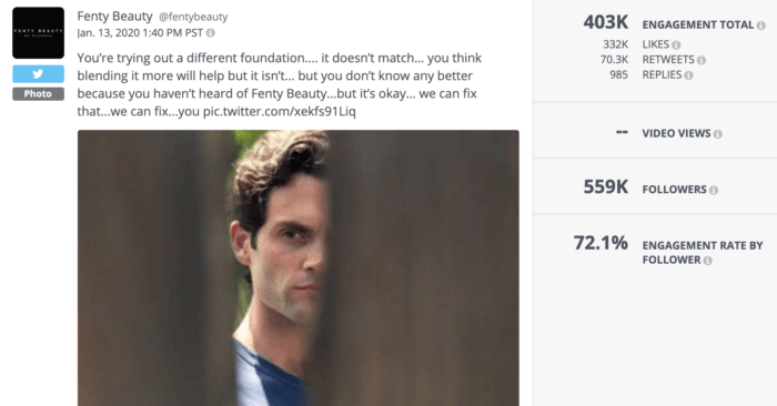 Tweet from Fenty Beauty featuring Penn Badgley looking through a fence