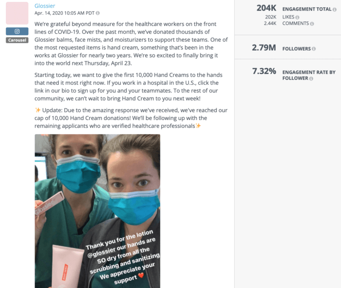 Instagram post from Glossier featuring healthcare workers holding Glossier products is an example of strong beauty social media