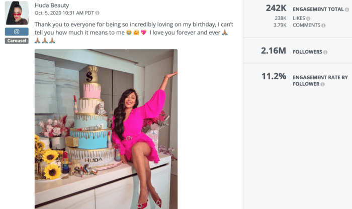 Instagram post featuring Huda Beauty founder Huda Kattan next to a birthday cake