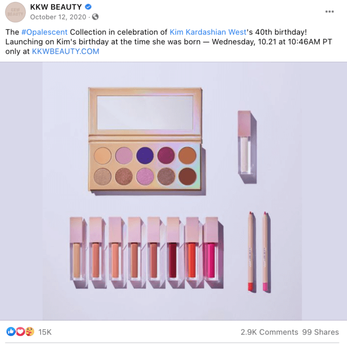 Facebook post from KKW Beauty featuring makeup from the new Opalescent collection