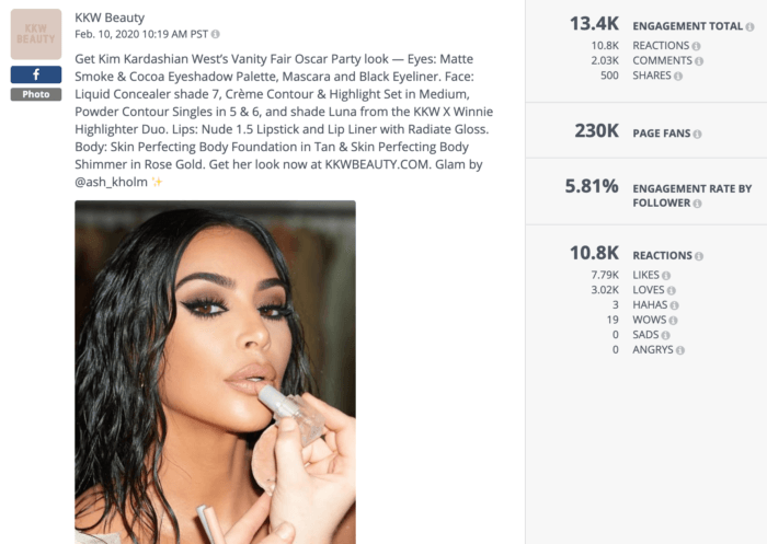 KKW Beauty Instagram post featuring founder Kim Kardashian applying makeup for the Oscars