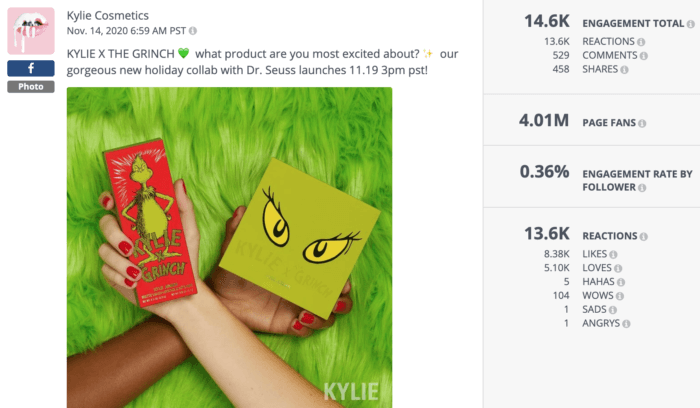 Kylie Cosmetics' Grinch collab featuring two hands holding makeup palettes is an example of great beauty social media