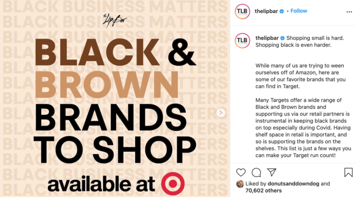 Instagram carousel from The Lip Bar featuring Black and Brown brands to shop at Target