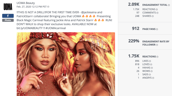 Facebook post from UOMA Beauty featuring Black Magic Carnival product featuring influencers and YouTube stars Jackie Aina and Patrick Starrr was a top example of beauty social media