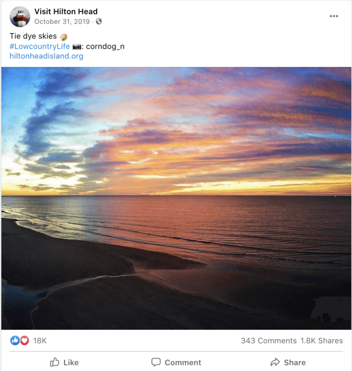 This beautiful, colorful sunset on the beach of Hilton Head Island is an example of great travel social media