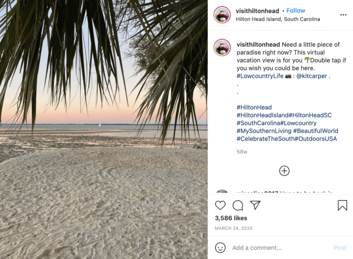 This beautiful sandy beach at sunset on Hilton Head is a great example of strong travel social media