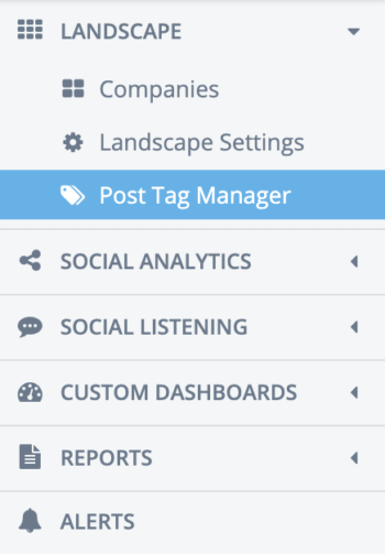 Side nav in Rival IQ featuring companies, landscape settings, the post tag manager, and more