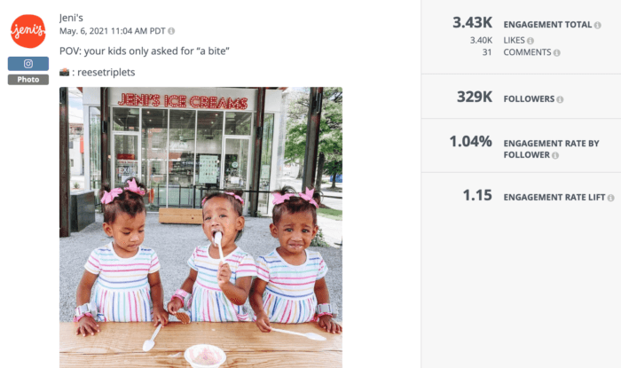 Instagram post from Jeni's Ice Cream featuring three young triplets eating ice cream